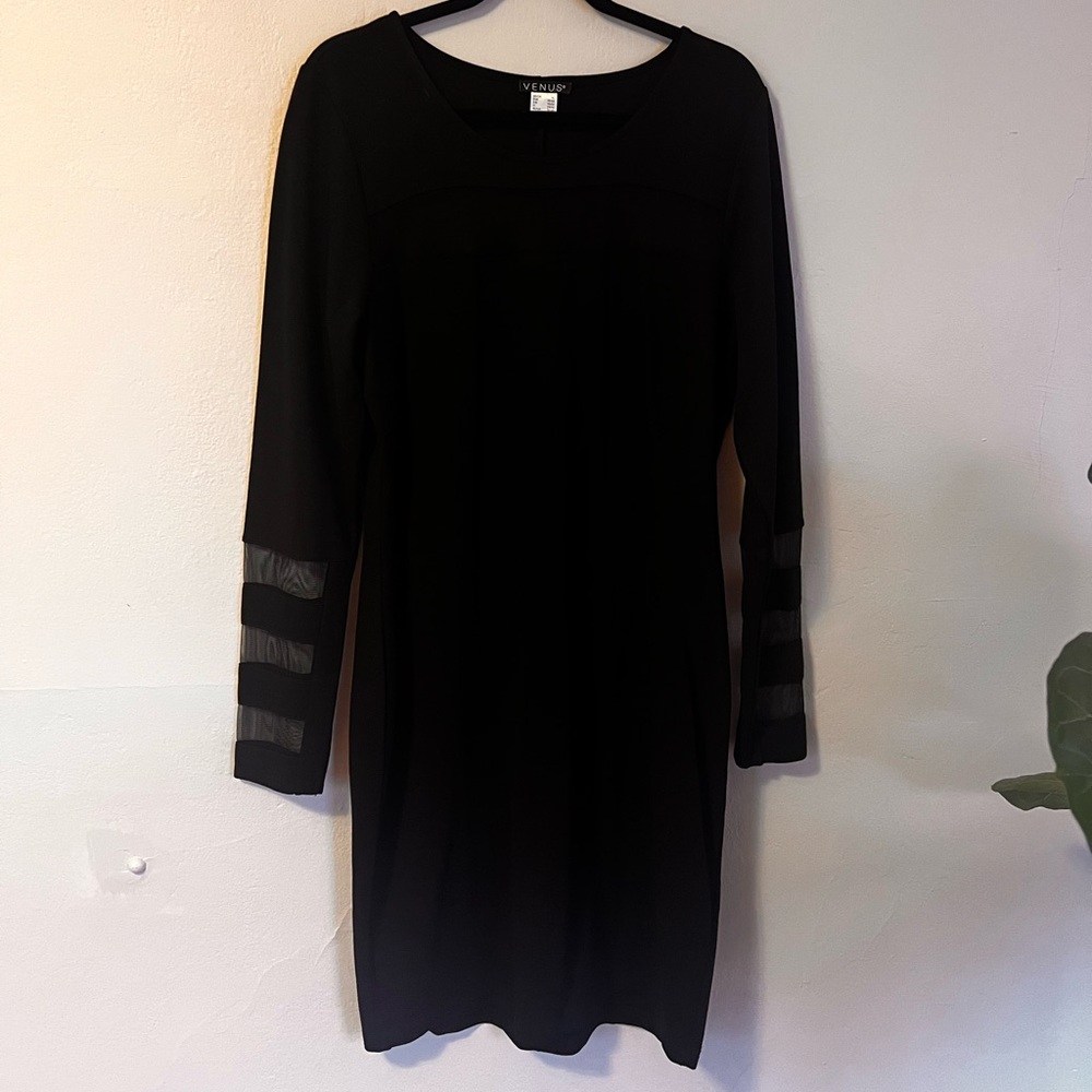 VENUS Black Long Sleeve Dress with Sheer Stripes